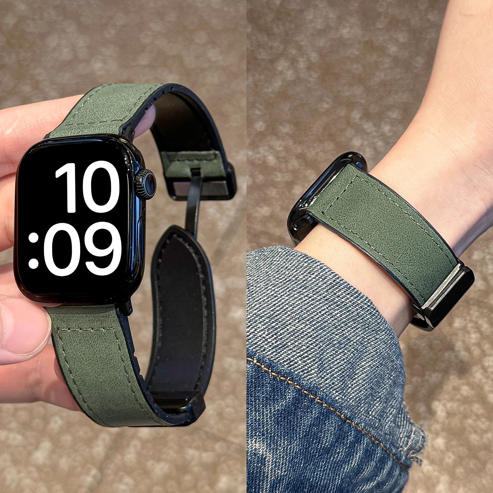 适用苹果手表表带s10疯马皮磁吸折叠表带s9/s8/s7/s5/ultra/se