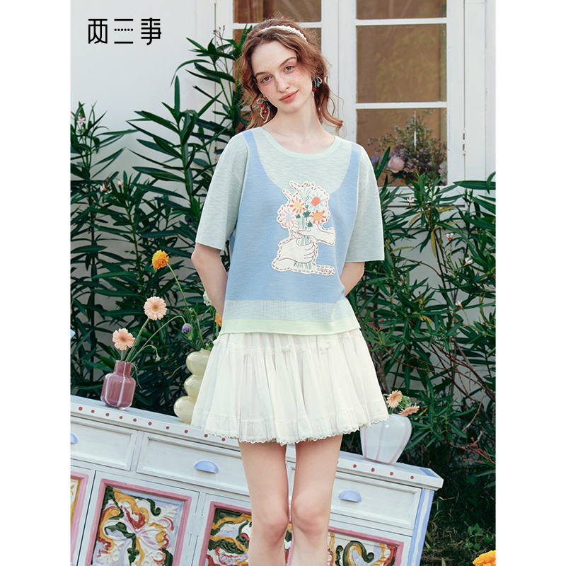 两三事圆领针织减龄休闲显瘦拼色针织衫少女小清新宽松 潮汐摇篮