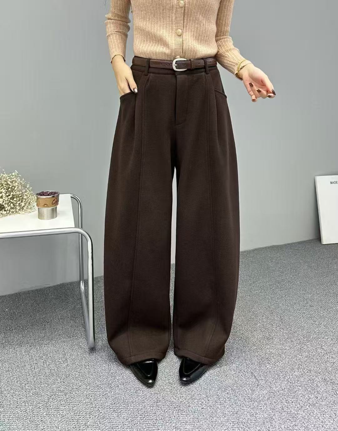 《苏姐家》腰带高腰休闲风长裤冬季休闲复古休闲裤极简风