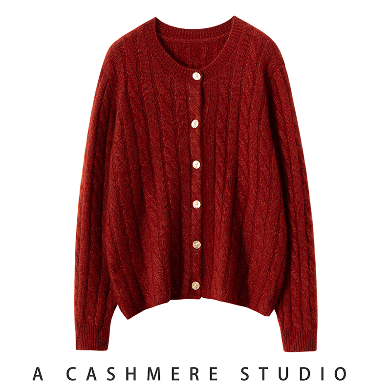 2025秋冬康赛妮纱75%山羊绒 25%桑蚕丝女士圆领麻花开衫休闲外套