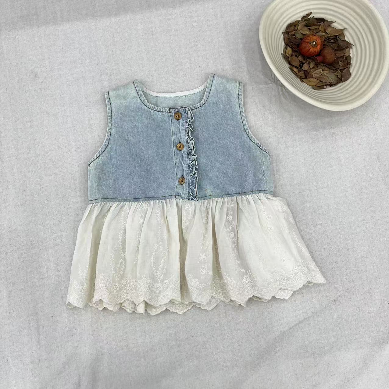 〖姐姐家〗2025夏装萌娃穿搭无袖牛仔蓝娃娃衫衬衫 bt6044