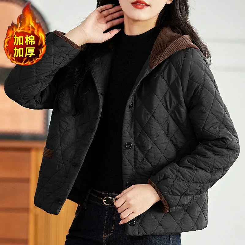 （运费补贴）菱形轻薄棉服女外套冬季保暖棉衣连帽洋气减龄小棉袄