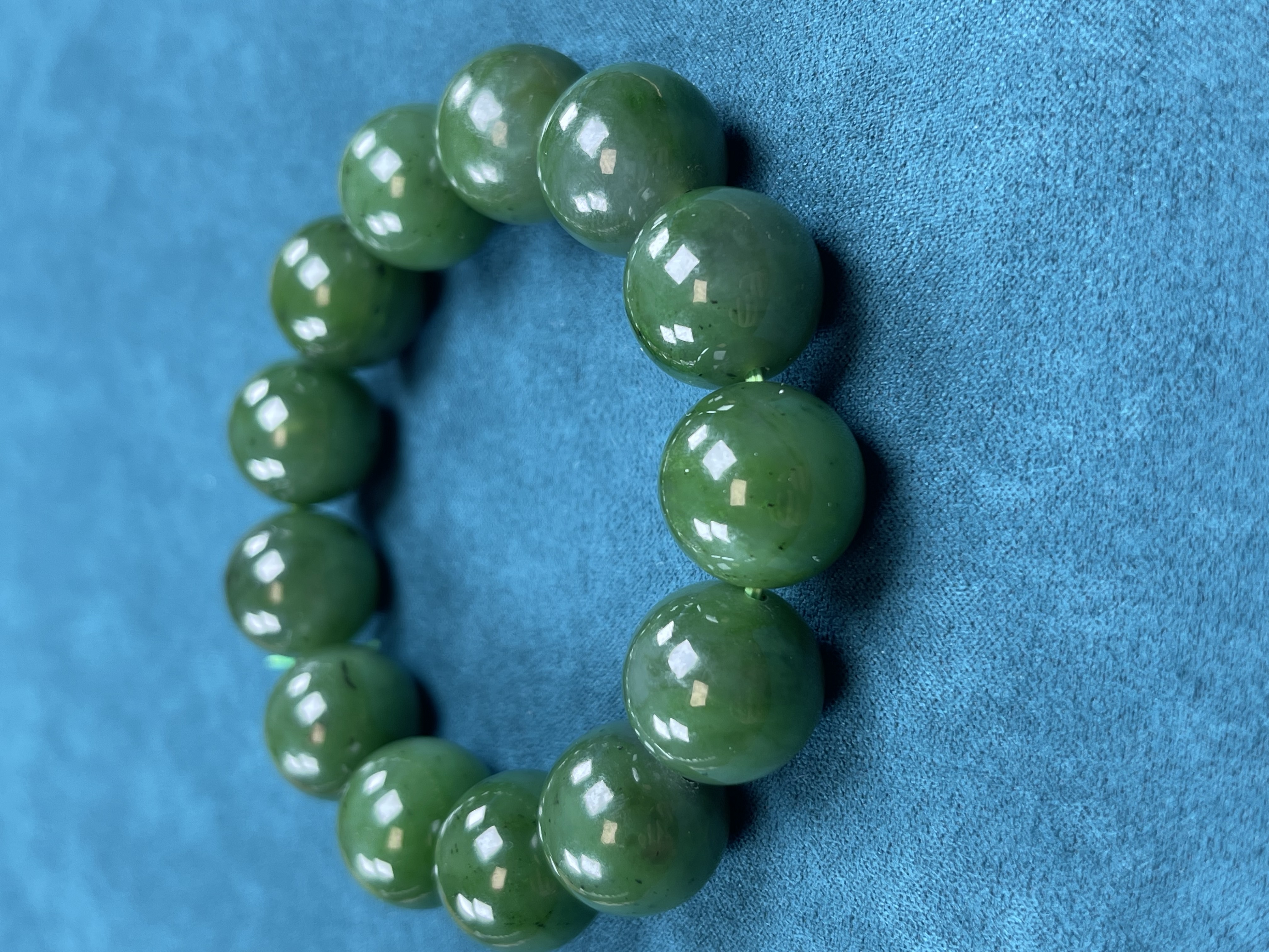 和田玉碧玉圆珠手串16mm，油润浓绿显白高级感