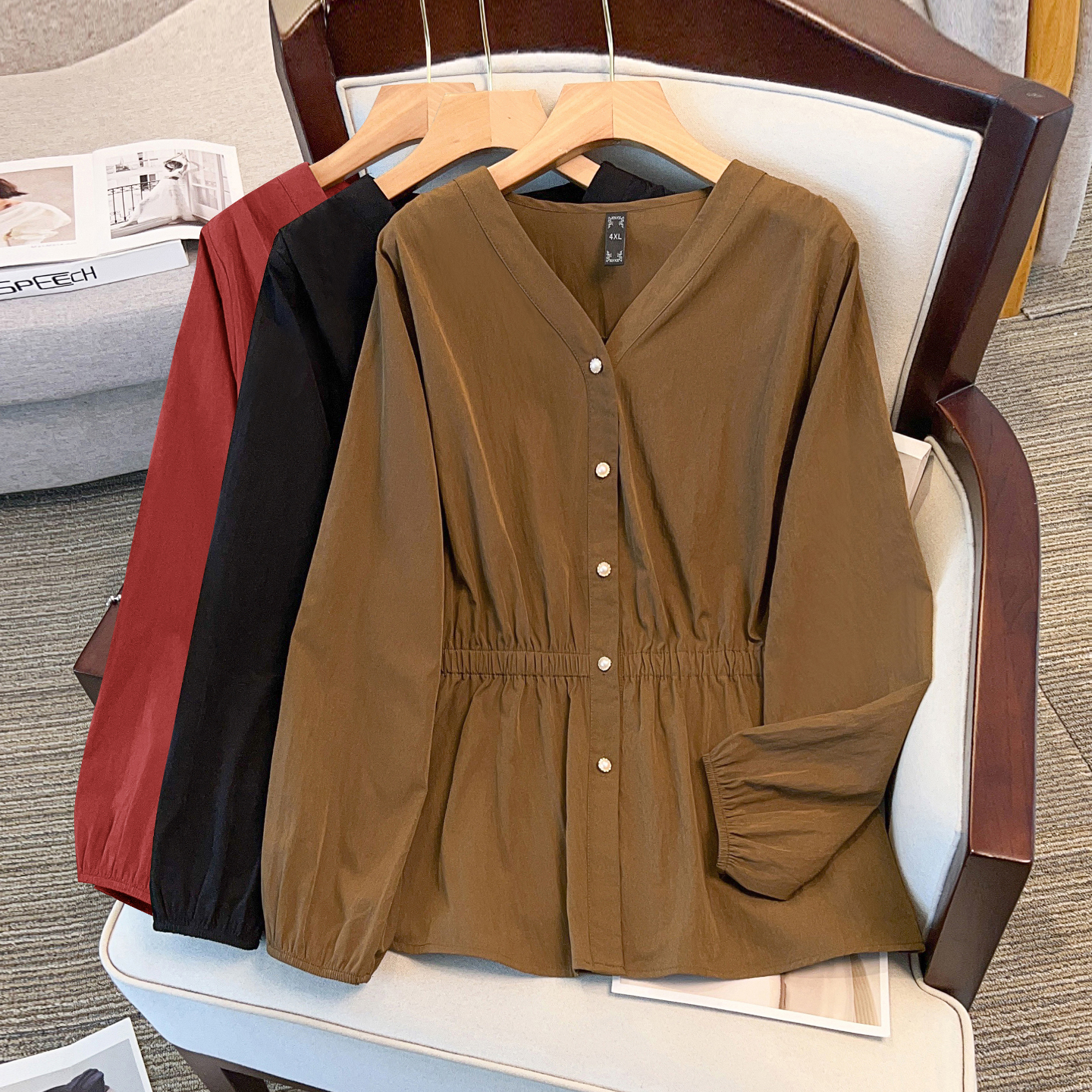 24510T加大码女装春装新款胖mm收腰衬衫宽松显瘦外套洋气减龄上衣