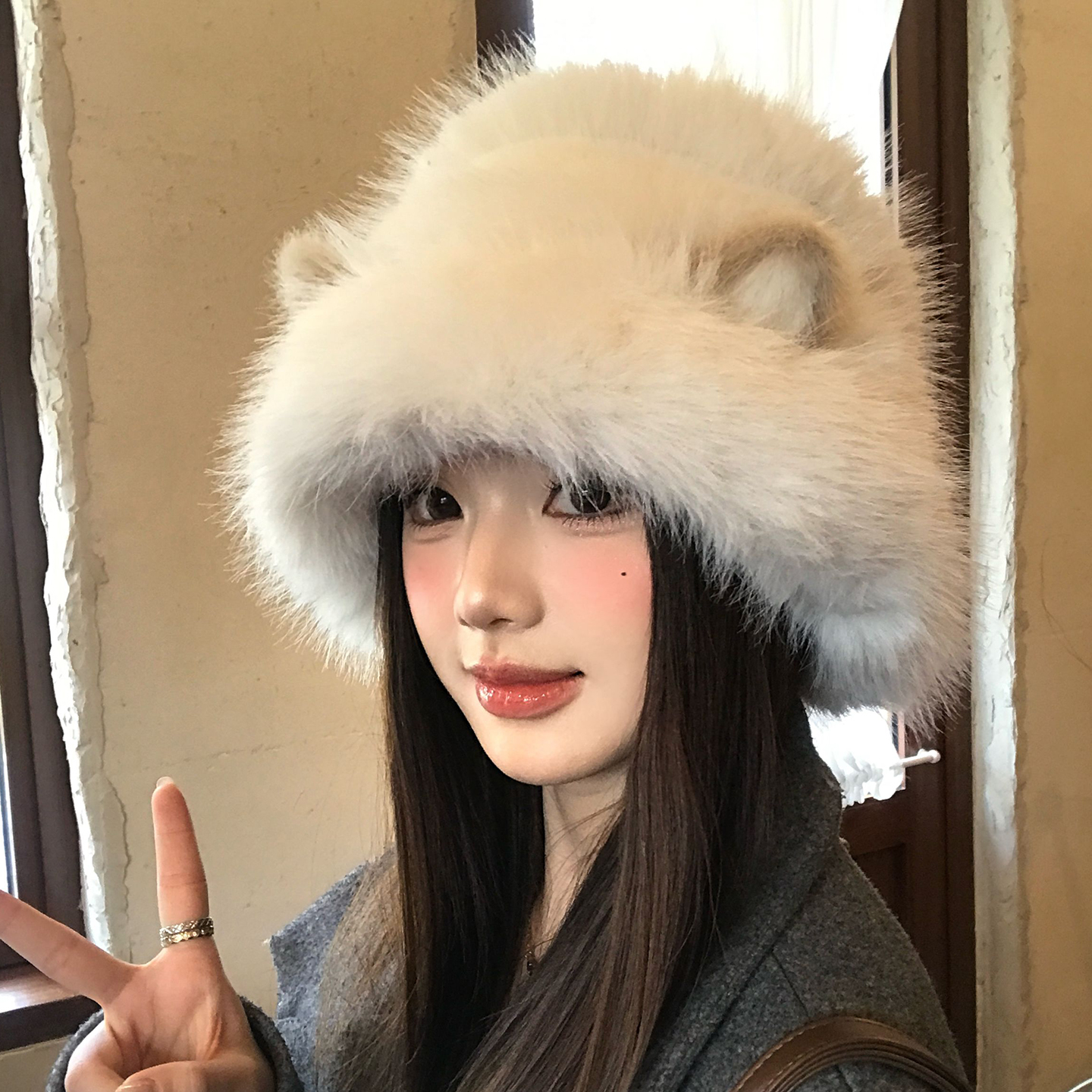 大头围可爱猫咪耳朵渔夫帽女冬2025新款加厚防寒保暖毛绒帽子盆帽