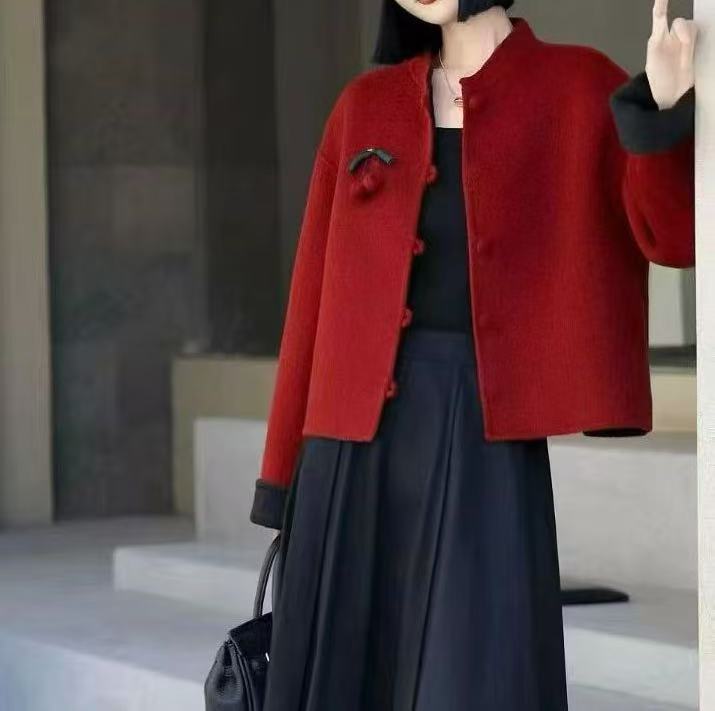 新国风立领双面穿拼色短款双面羊毛大衣
