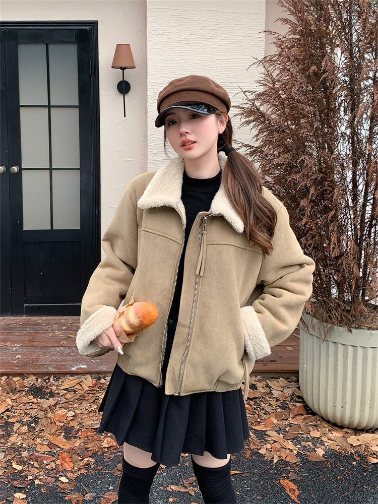 韩版时尚颗粒绒拼接皮毛一体外套女2025冬季新款显瘦加厚棉衣棉袄