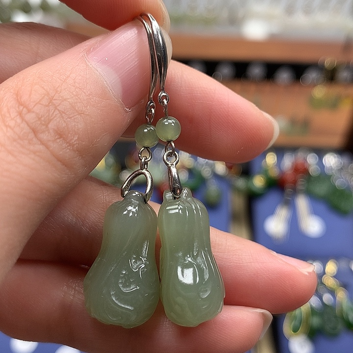 和田玉银S925镶嵌耳饰白菜21.7左右晴水绿