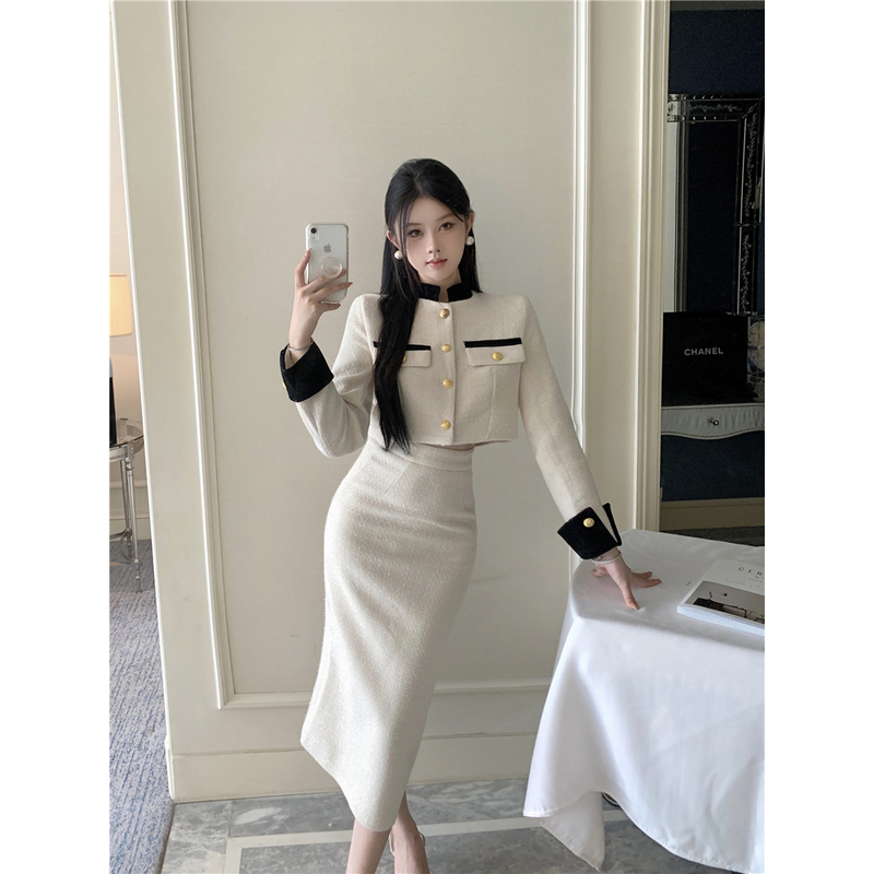法式财阀千金套装女秋季撞色设计小香风短款长袖外套高腰包臀长裙