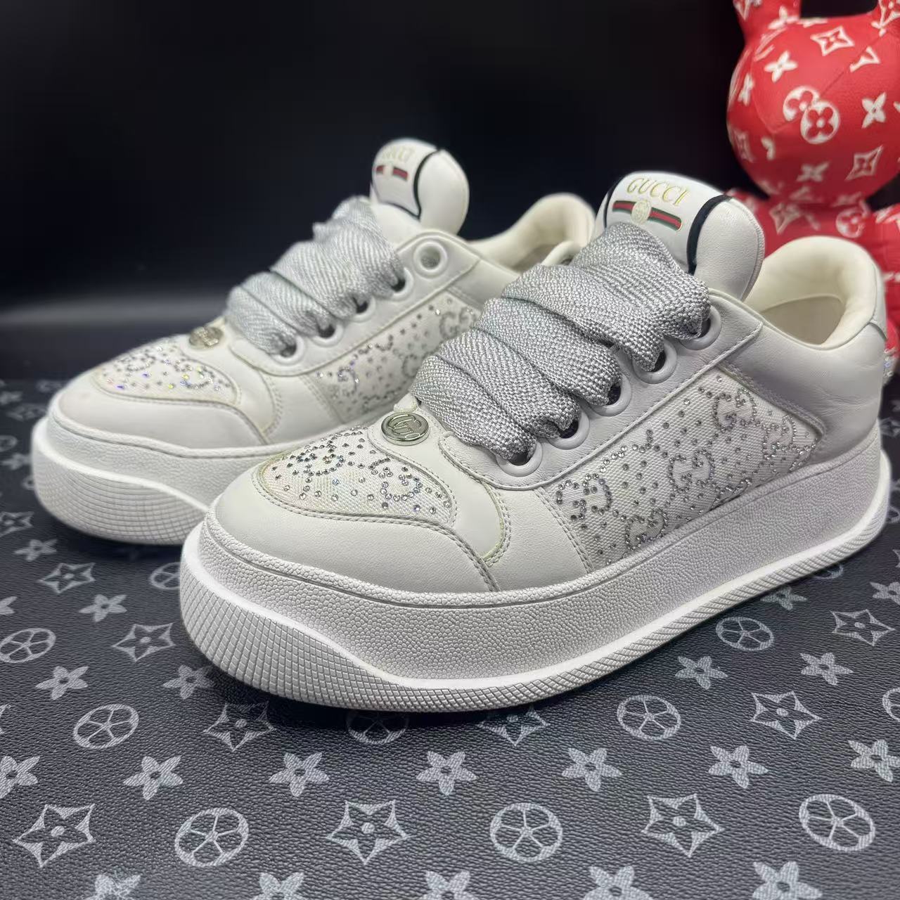 95新 GUCCI/古驰 男士白色水钻老花厚底脏脏胖丁鞋38欧码 kke729