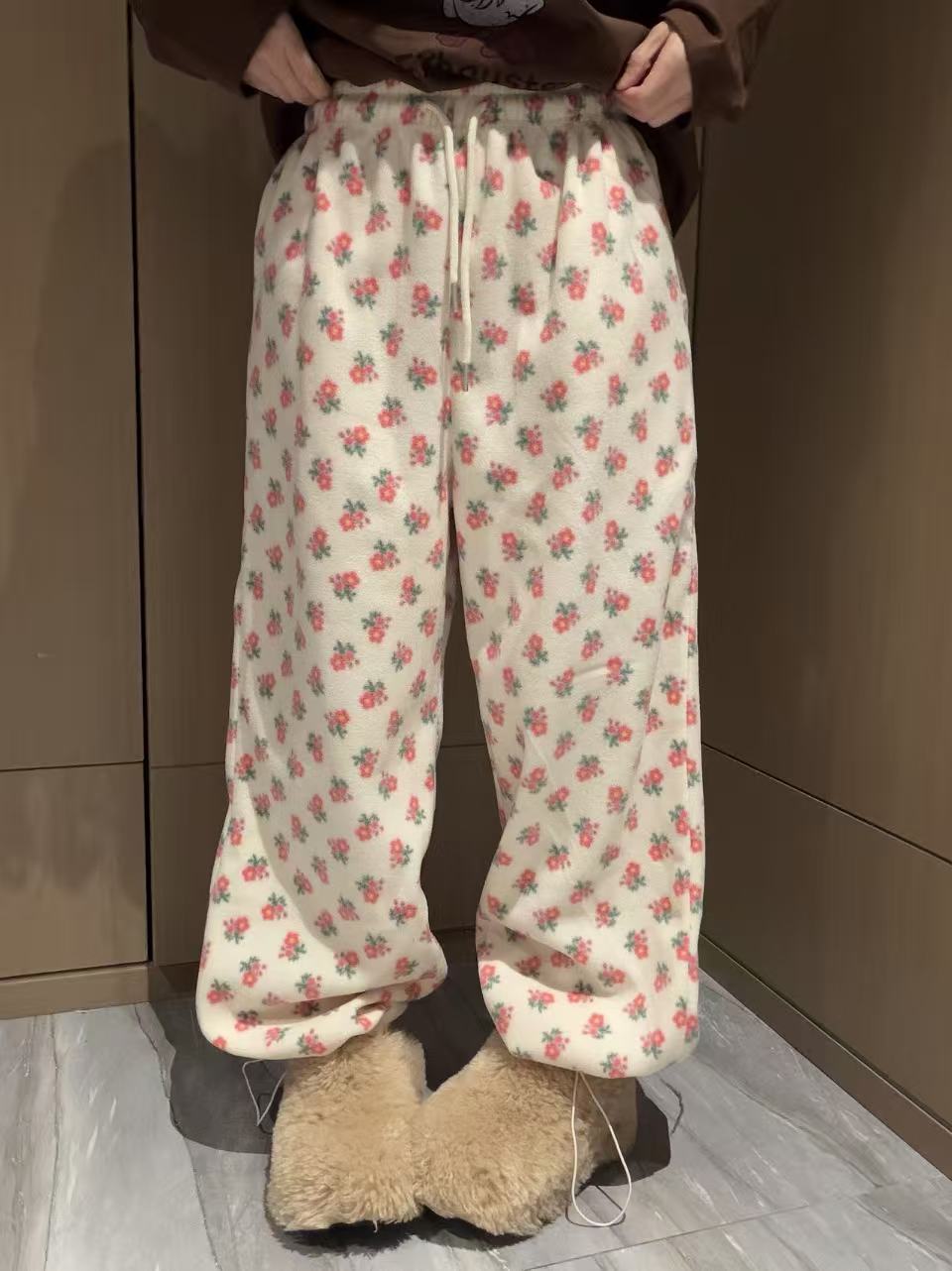 韩版秋季新款小碎花毛绒休闲裤女