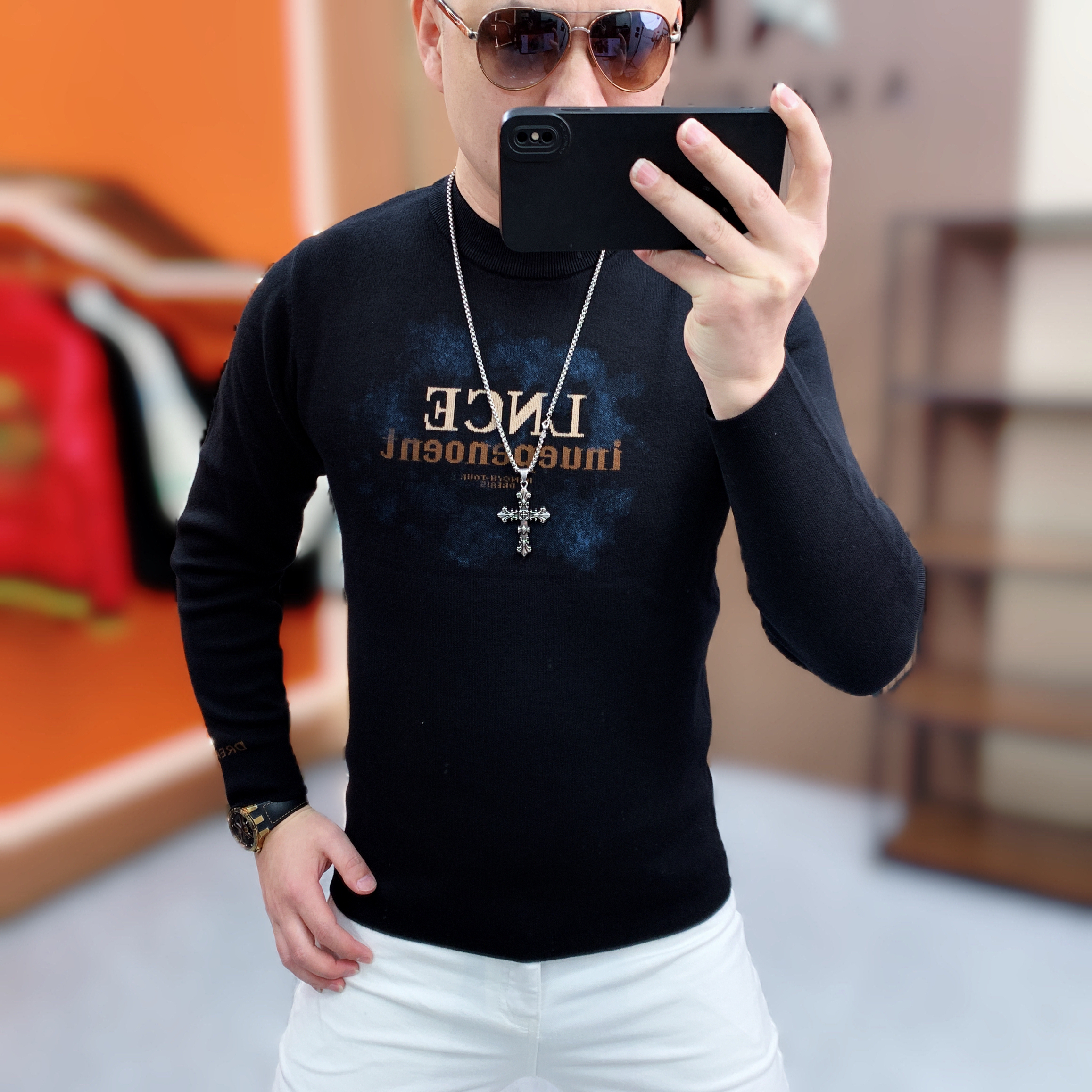 阿凯严选-欧货冬季新款男士加绒保暖修身时尚提花羊毛衫针织毛衣