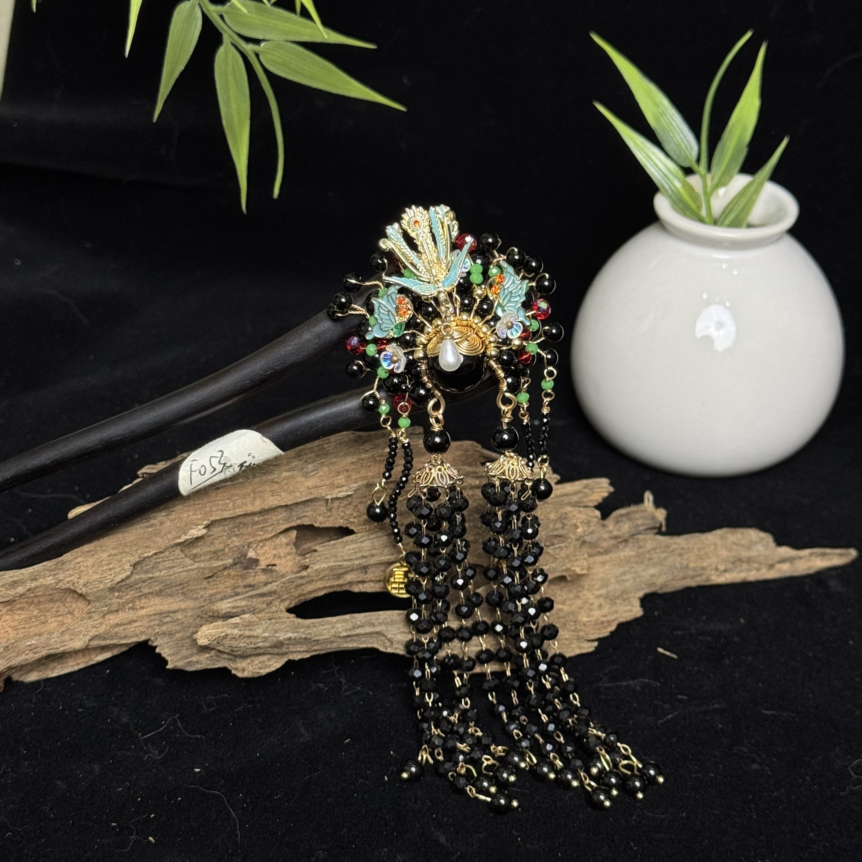 F053原创《黑凤凰于飞》天然紫光黑檀木发簪18公分单簪