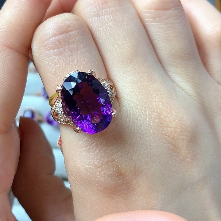 紫晶戒指银S925镶嵌长***多天然紫水晶