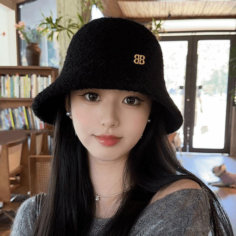 秋冬季羊羔绒渔夫帽女韩版保暖显脸小盆帽大头围时尚毛绒帽子百搭