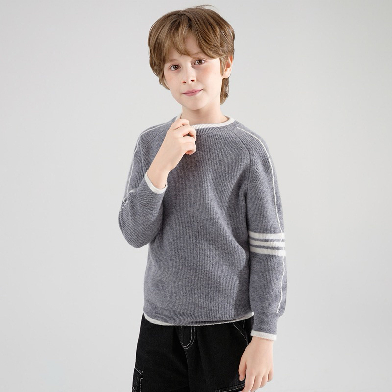 100%羊毛衫拼色圆领儿童毛衣男女中大童针织套头秋冬季羊绒打底衫