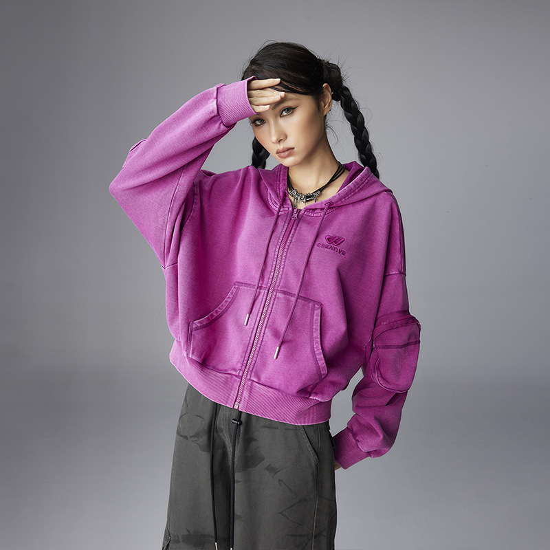 潮牌做旧刺绣卫衣开衫秋冬新款短款外套拉链连帽上衣女Q40800