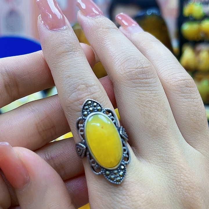 琥珀银S925镶嵌颈饰戒指