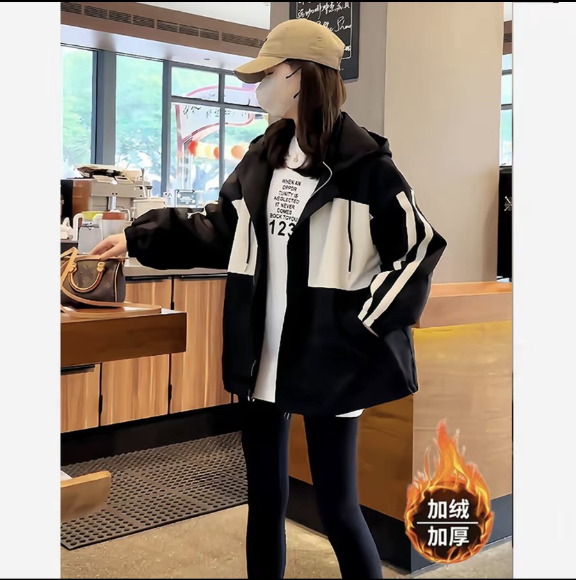 【加绒又加棉】2025秋冬新款字母连帽中长款宽松休闲韩版厚外套保暖