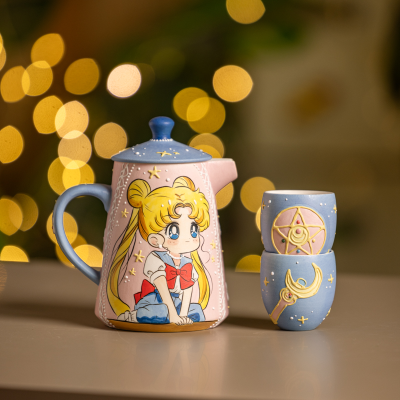 079美少女手绘陶瓷一壶两杯水杯