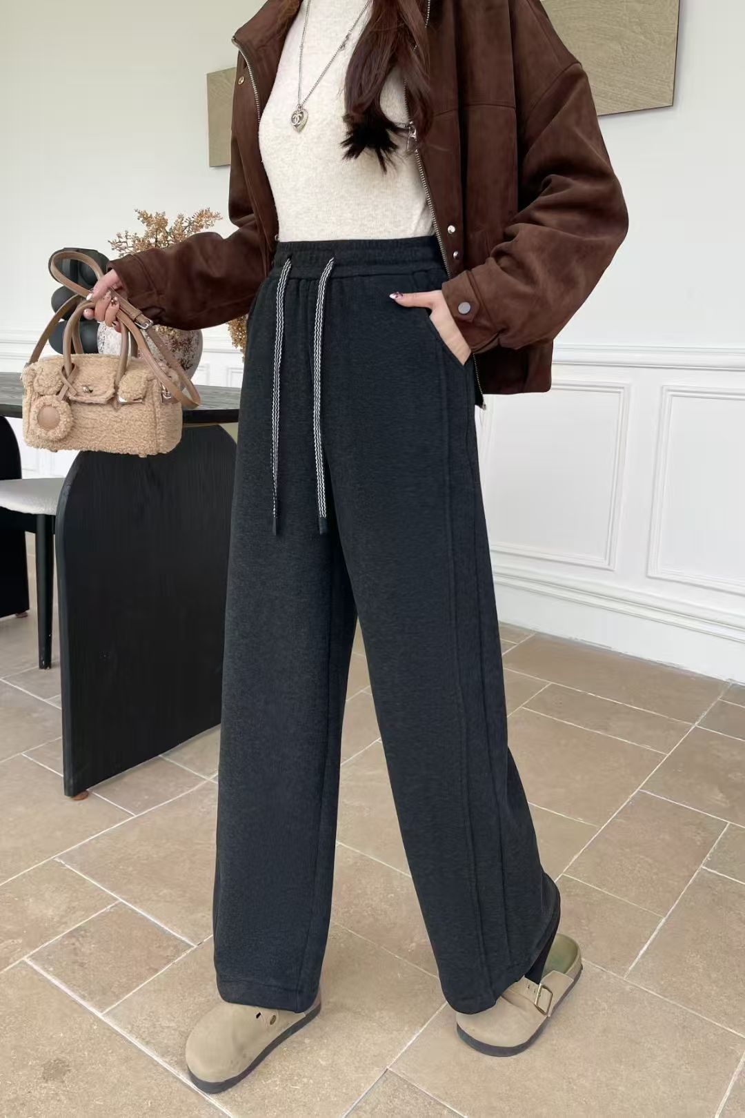 【长毛裤】秋冬休闲百搭松紧宽松阔腿显瘦百搭直筒裤