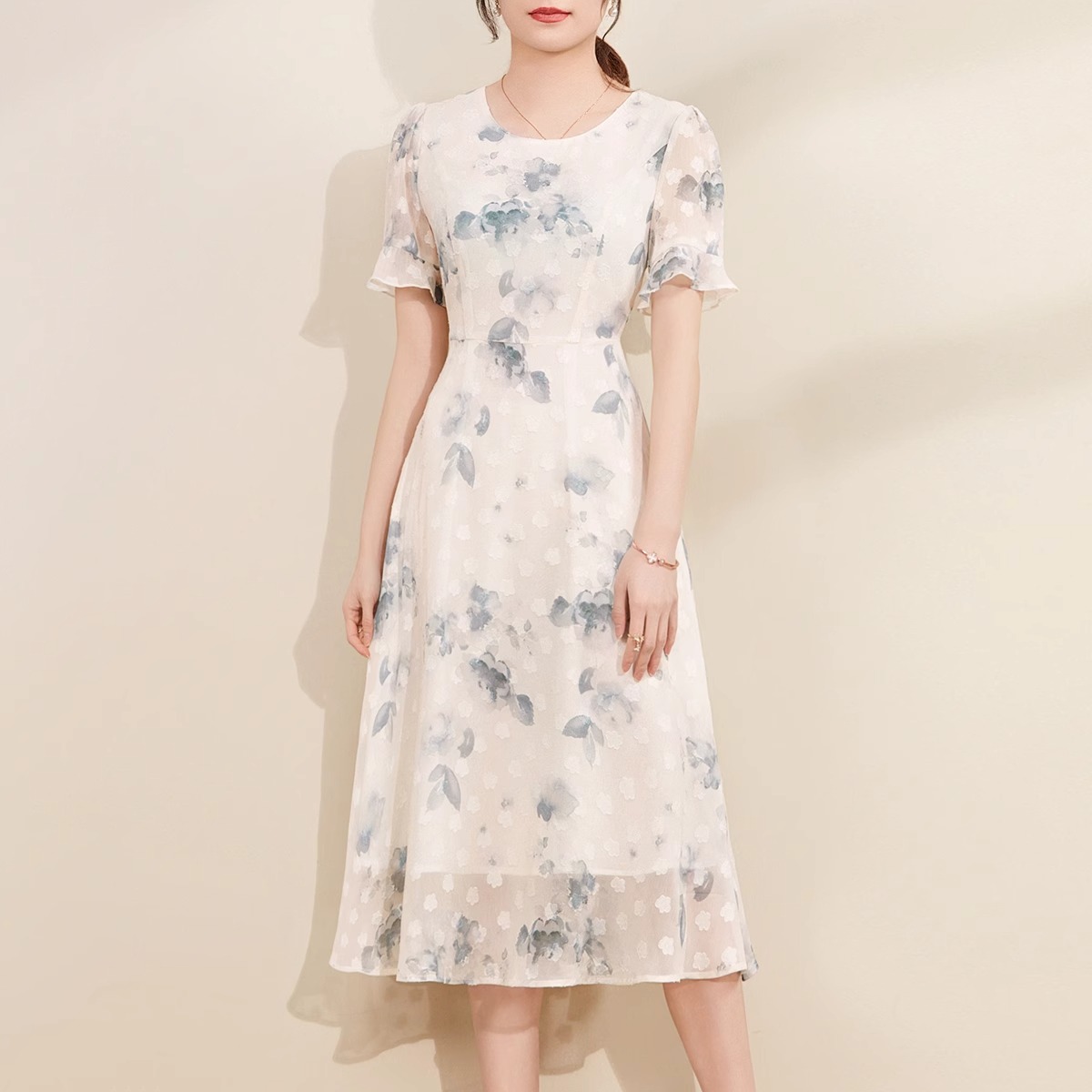 印花修身裙中长裙复古夏天连衣裙收腰夏季旗袍长裙中长款妈妈短袖