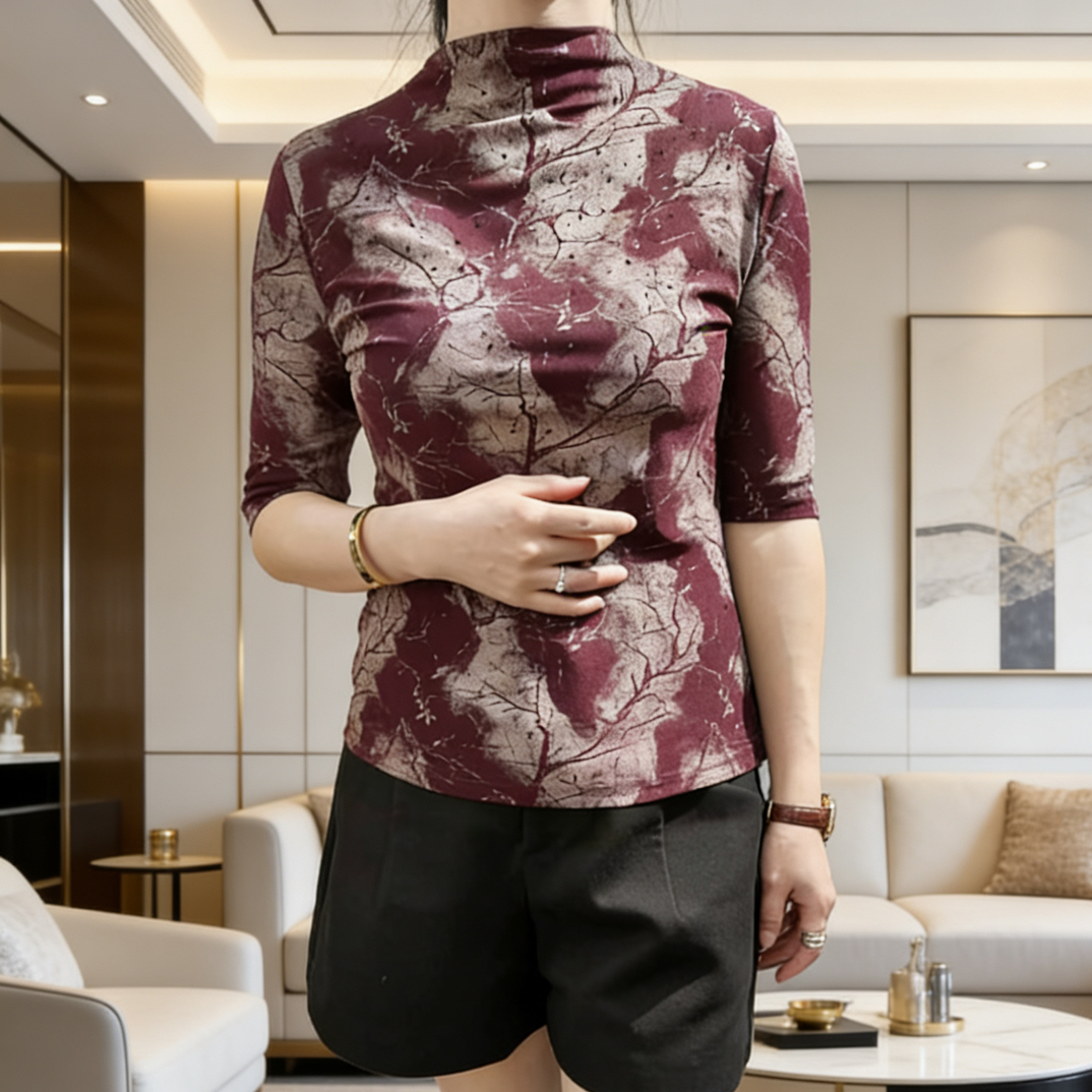 26春季时尚女网纱半高领烫钻中袖打底衫显瘦百搭