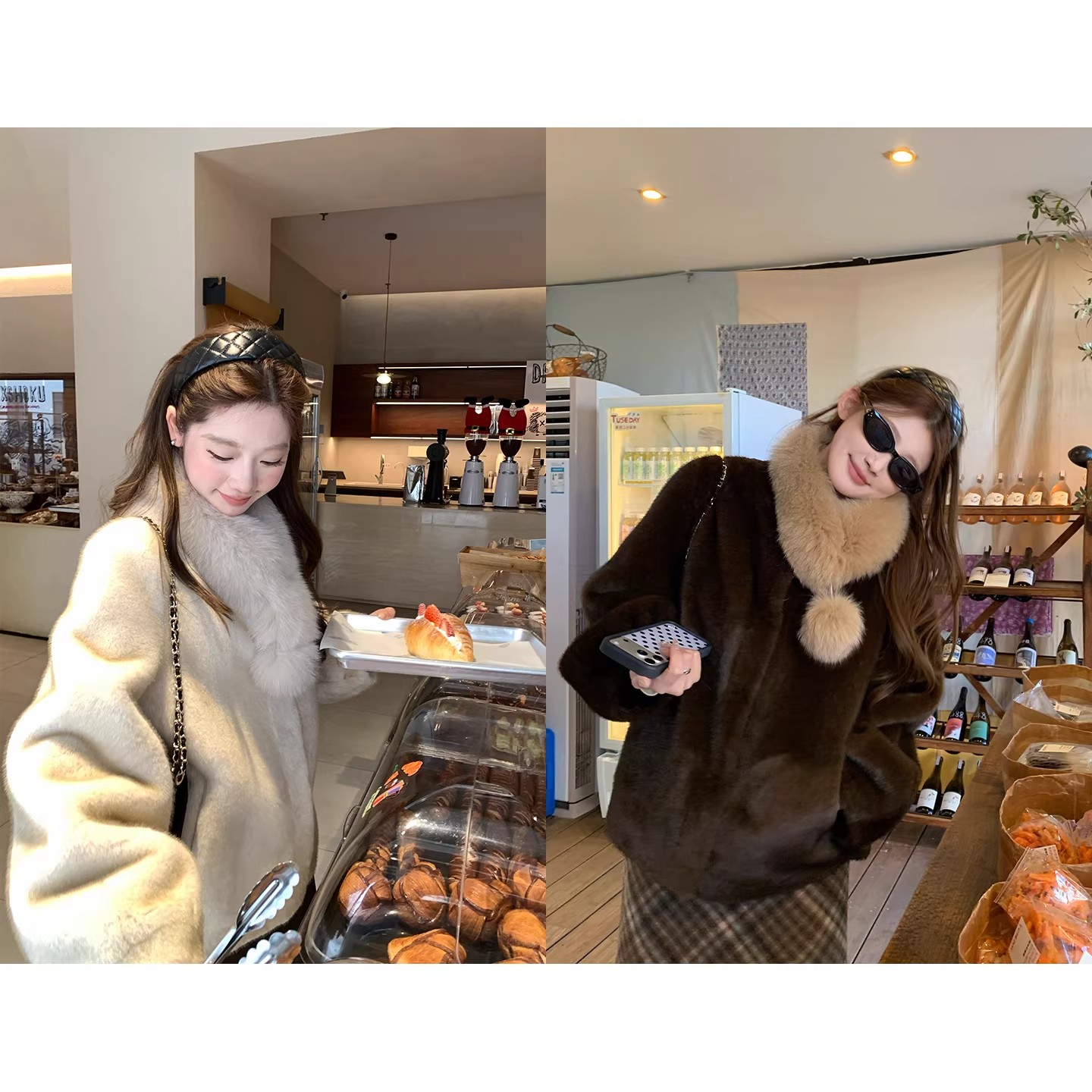 人造皮草 中古奶貂一体毛领外套女装女秋冬新款翻领正肩短款保暖