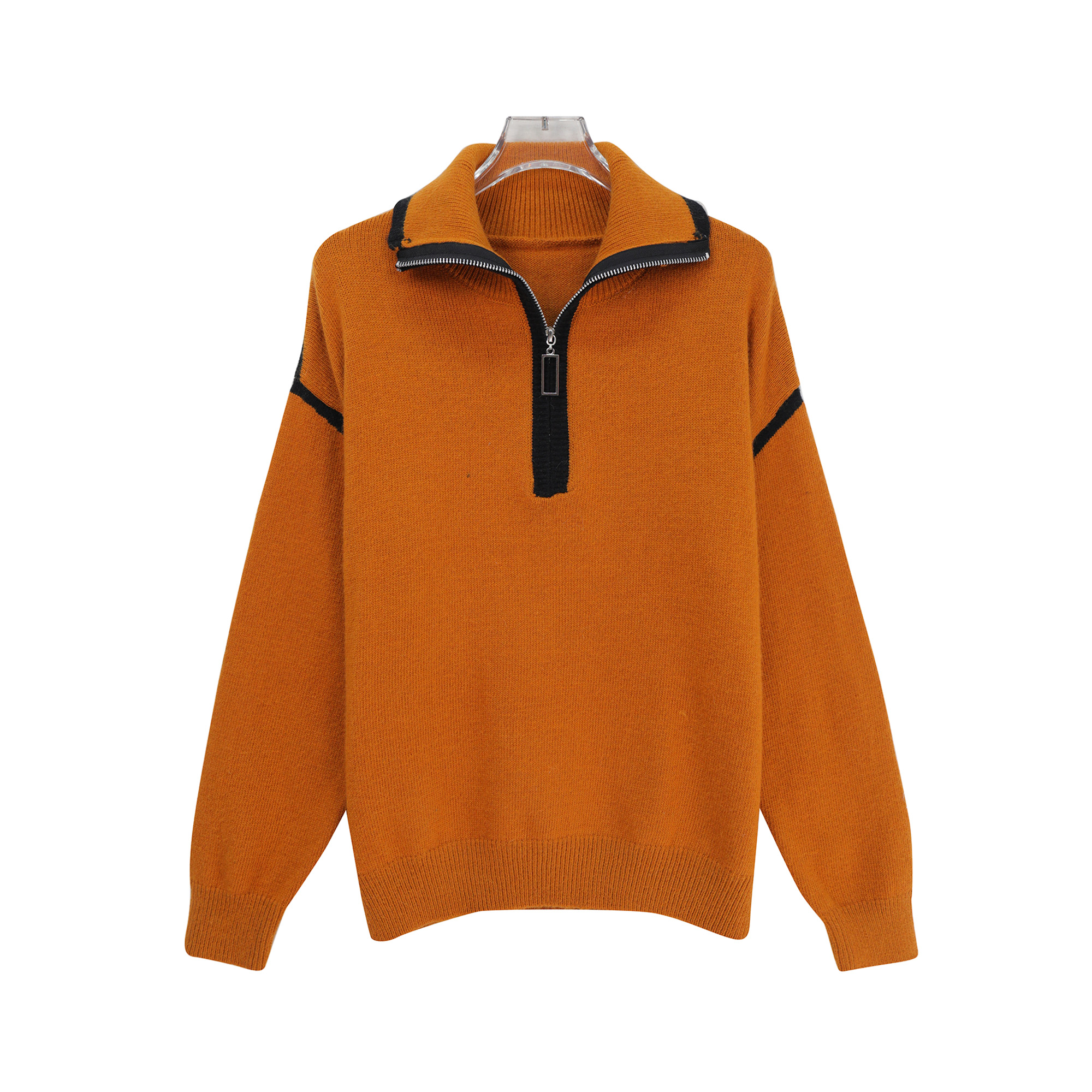 撞色宽松半拉链慵懒风套头设计感针织衫X27955