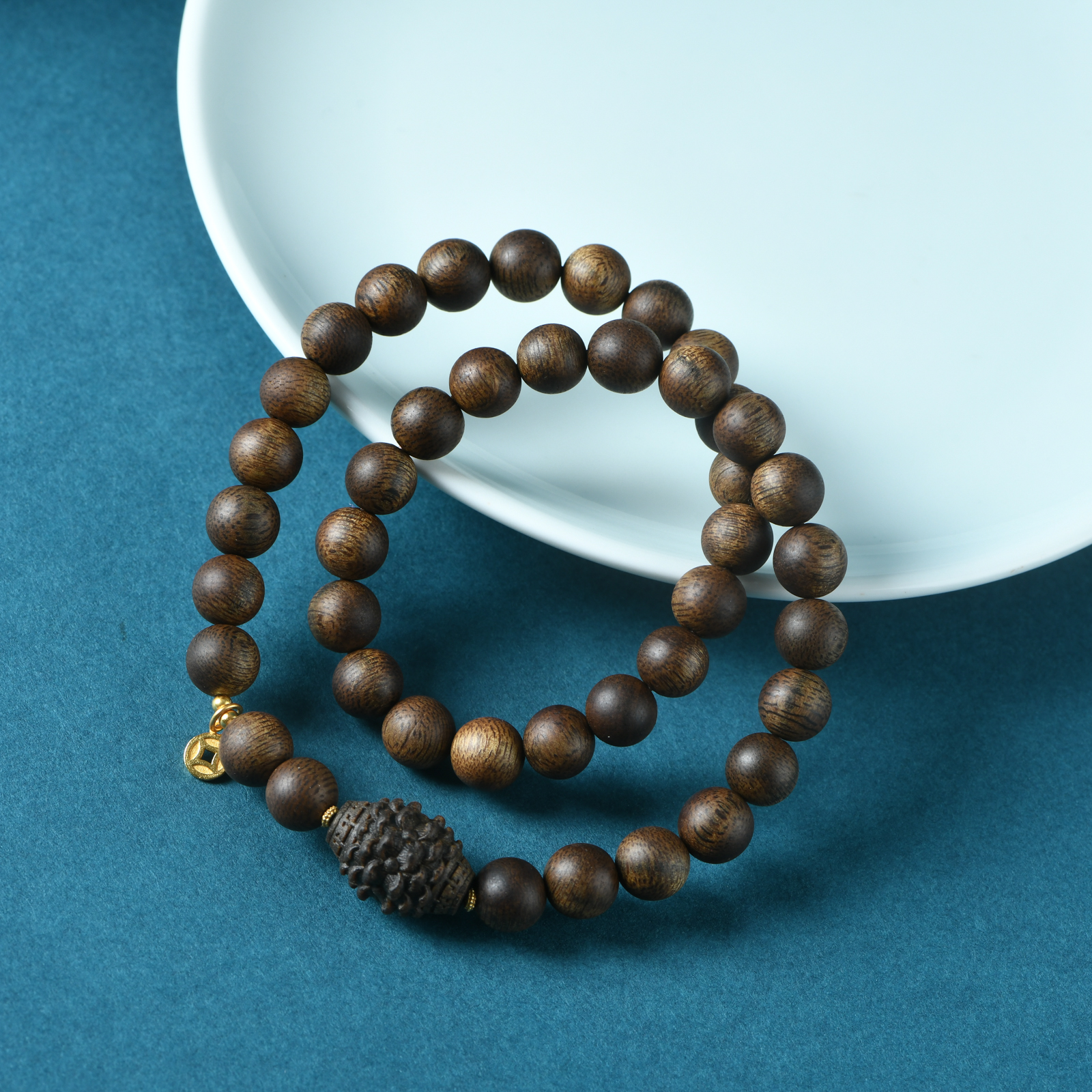 大叻黑奇楠沉香精雕松塔0.8双圈手链银s925