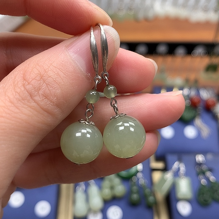 和田玉银S925镶嵌耳饰12左右浅晴水