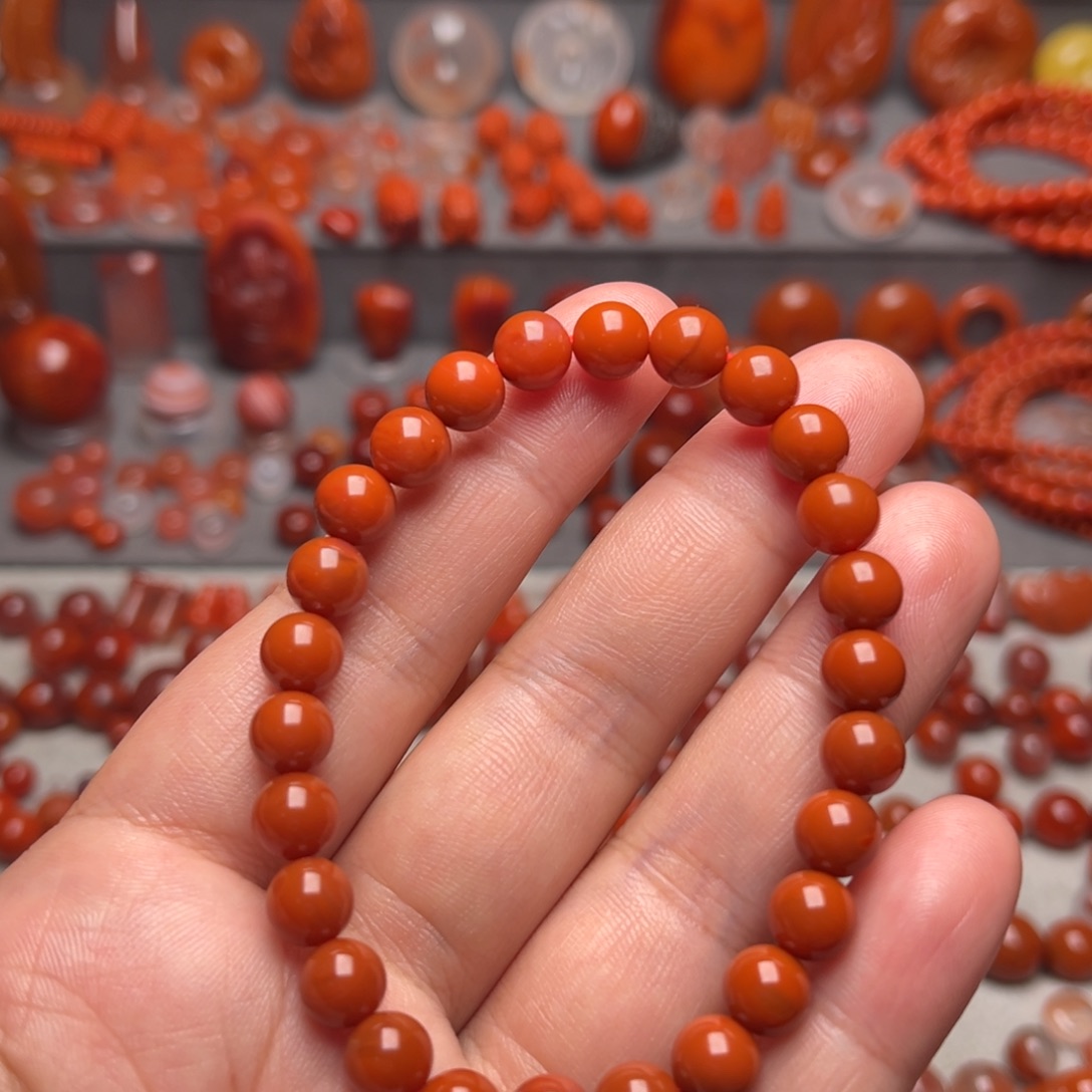 相***、南红玛瑙未镶嵌手串柿子红圆珠单圈7m