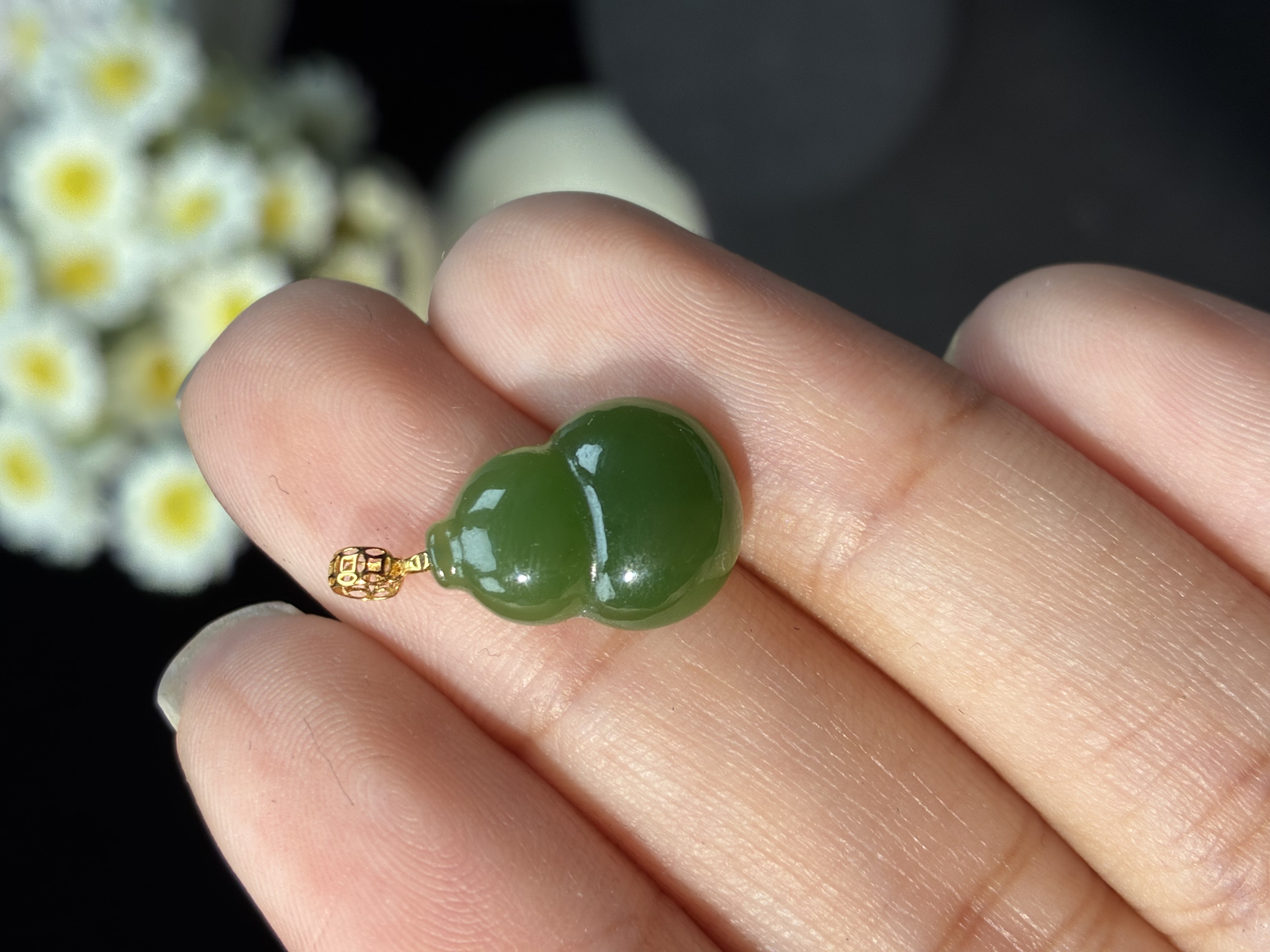 【婉如玉】18K金天然无优化和田玉碧玉葫芦福禄吊坠