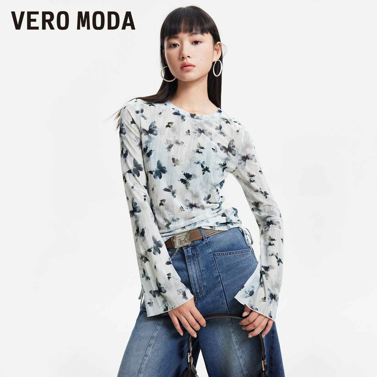 Vero Moda上衣2025蝴蝶印花长袖薄纱女气质碎花洋气打底衫慵懒风