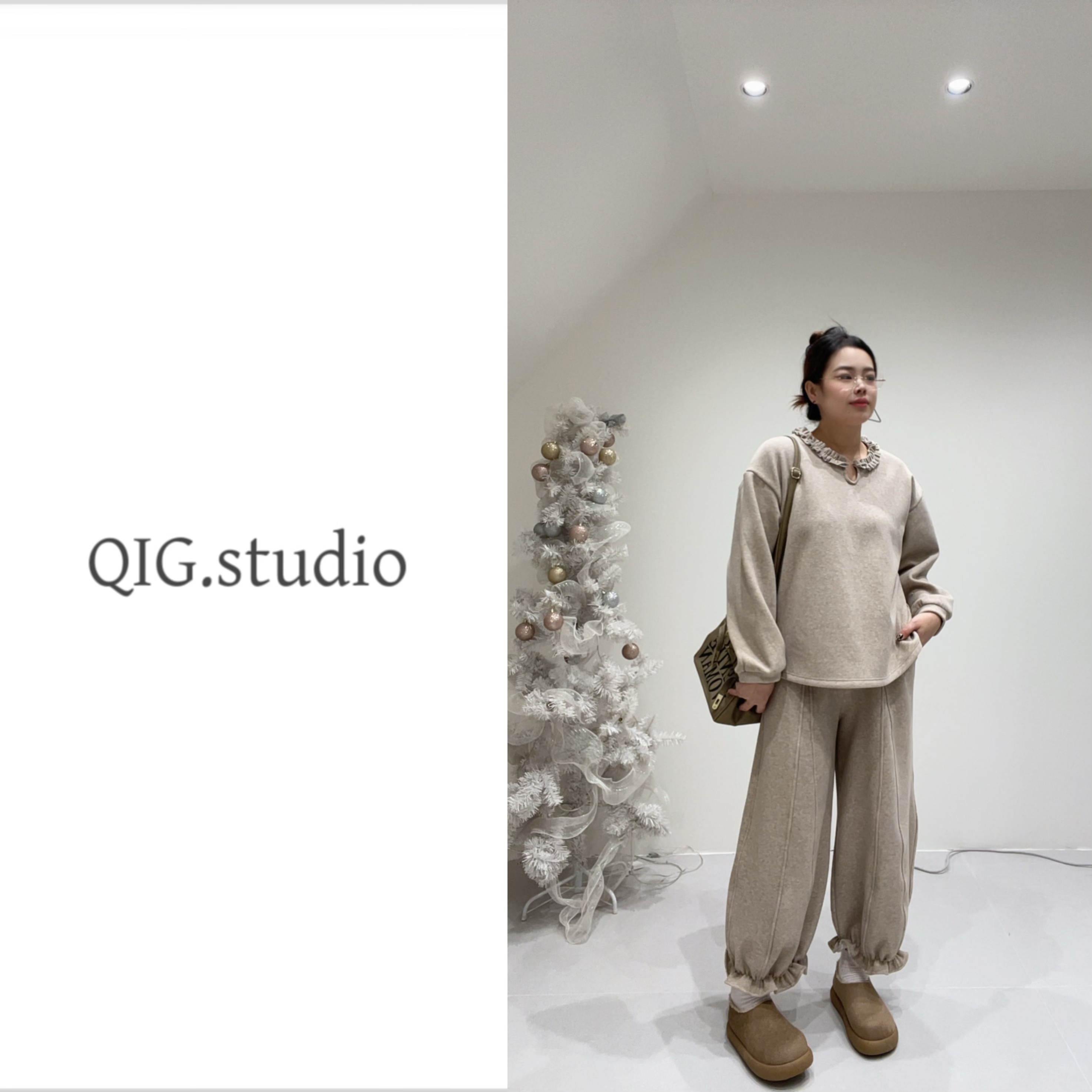 QIG休闲裤套装针织纯色卫衣秋冬时尚套装花边简约百搭两件套