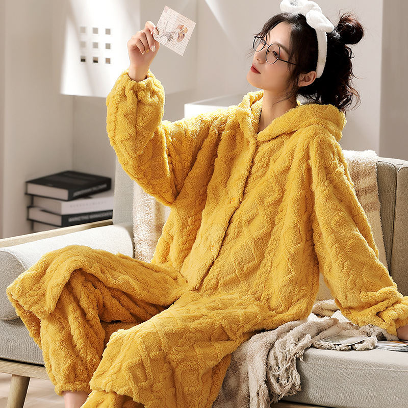 可外穿睡衣女新款加厚长款提花珊瑚绒连帽成熟贵妇睡衣性感纯欲风