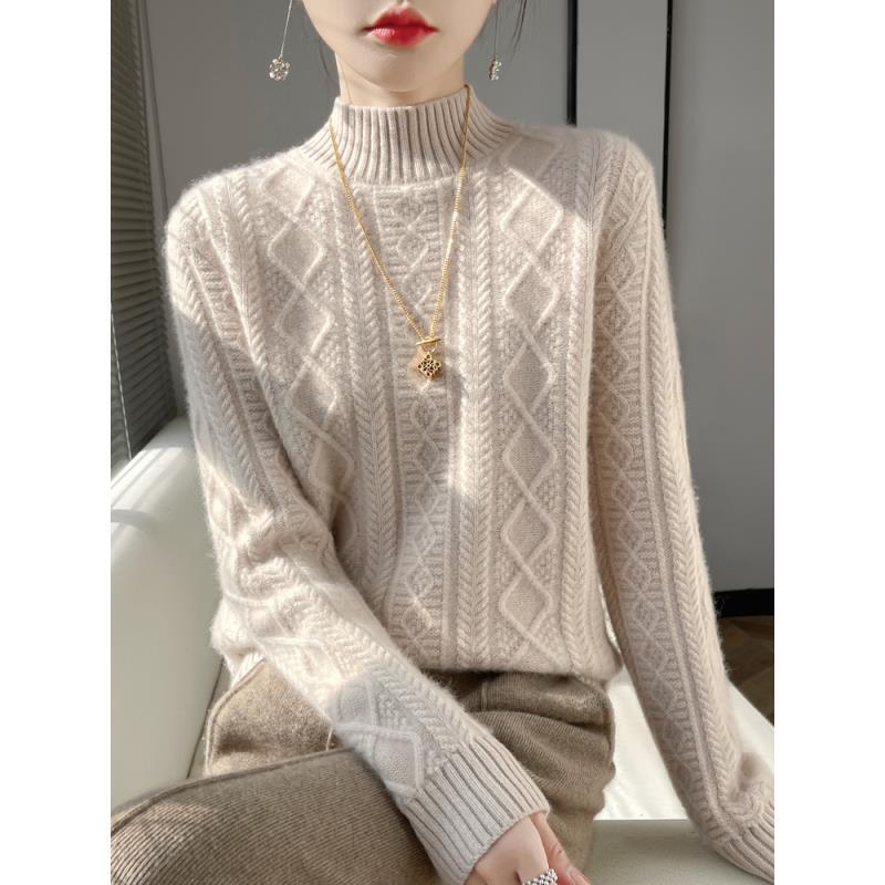 100%高端羊毛七针加厚绞花半高领纯羊毛打底衫NJR890