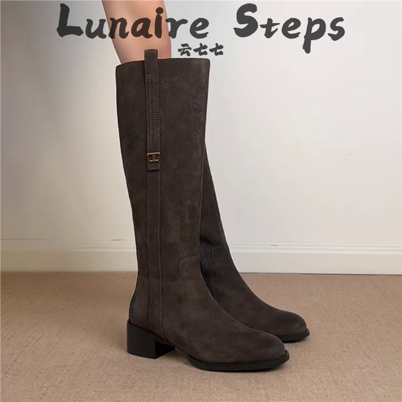 牛皮版~复古显瘦高筒骑士靴女侧拉链粗跟长筒靴圆头女靴气质长靴