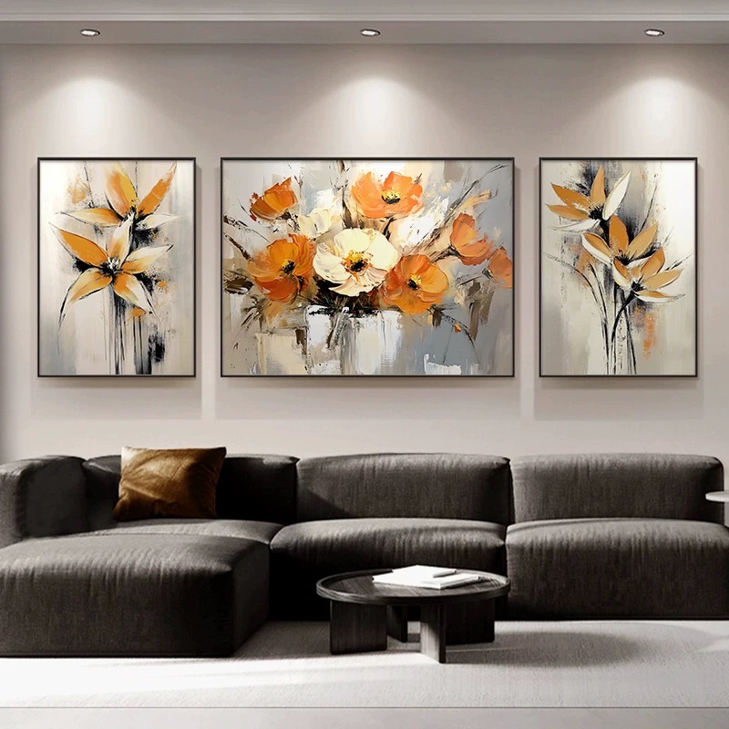 手绘油画《花开福瑞》客厅沙发背景墙肌理装饰画轻奢三联组合挂画