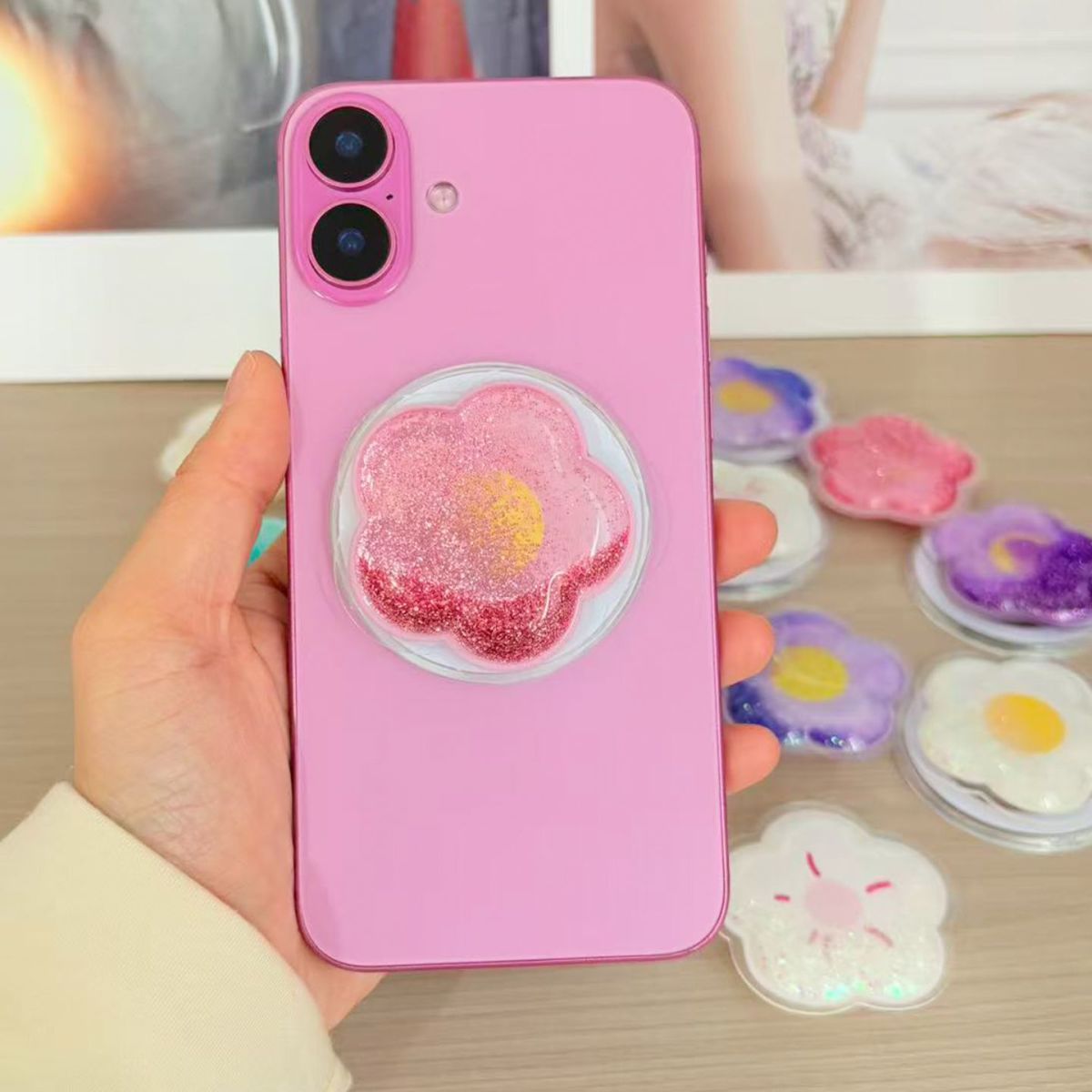 液体流沙磁吸手机花朵支架便携式可拆卸桌面懒人创意伸缩折叠