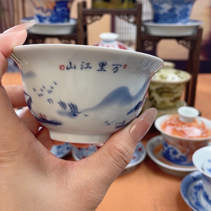 陶摆件万里江山压手杯