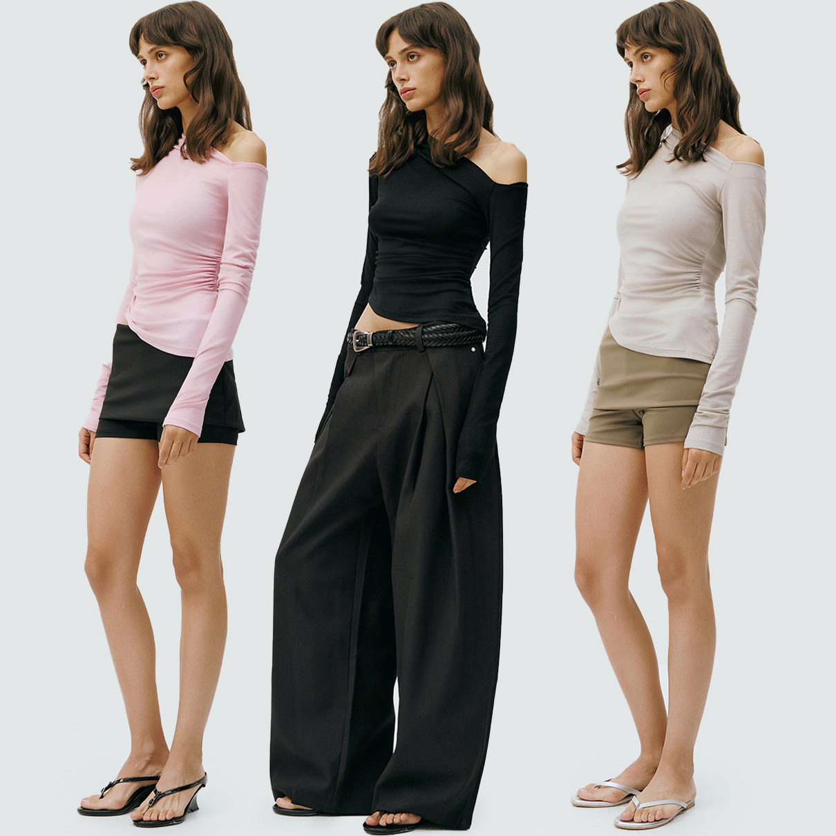 antceee 斜肩不规则修身T恤修身简约设计感高弹打底上衣长袖