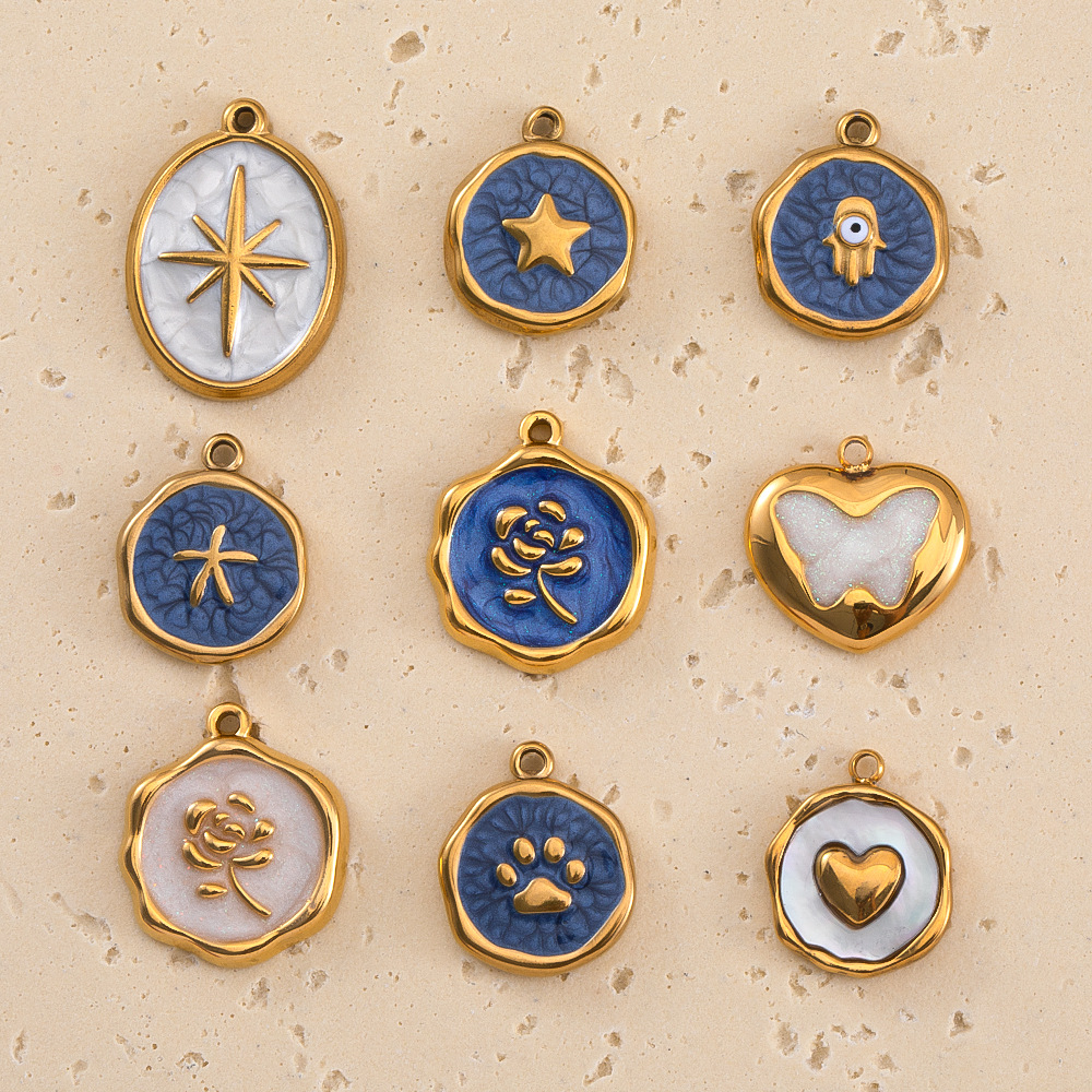 鎏金幽蓝 不掉色 混款蓝白色系金边吊坠 滴油diy小巧耳饰项链饰品