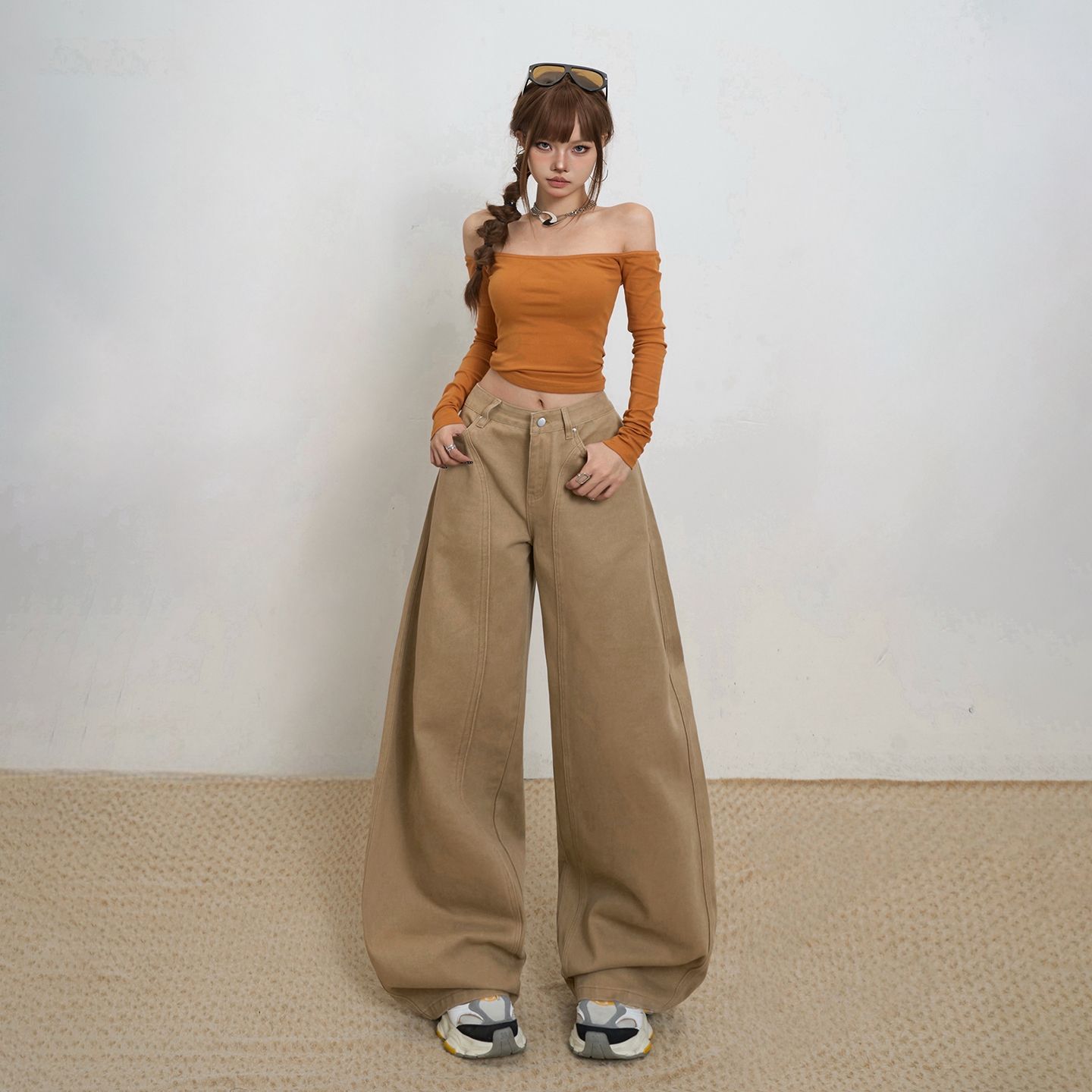 APS秋冬新款美式复古宽松阔腿裤垂感弯刀裤百搭牛仔裤女镰刀裤