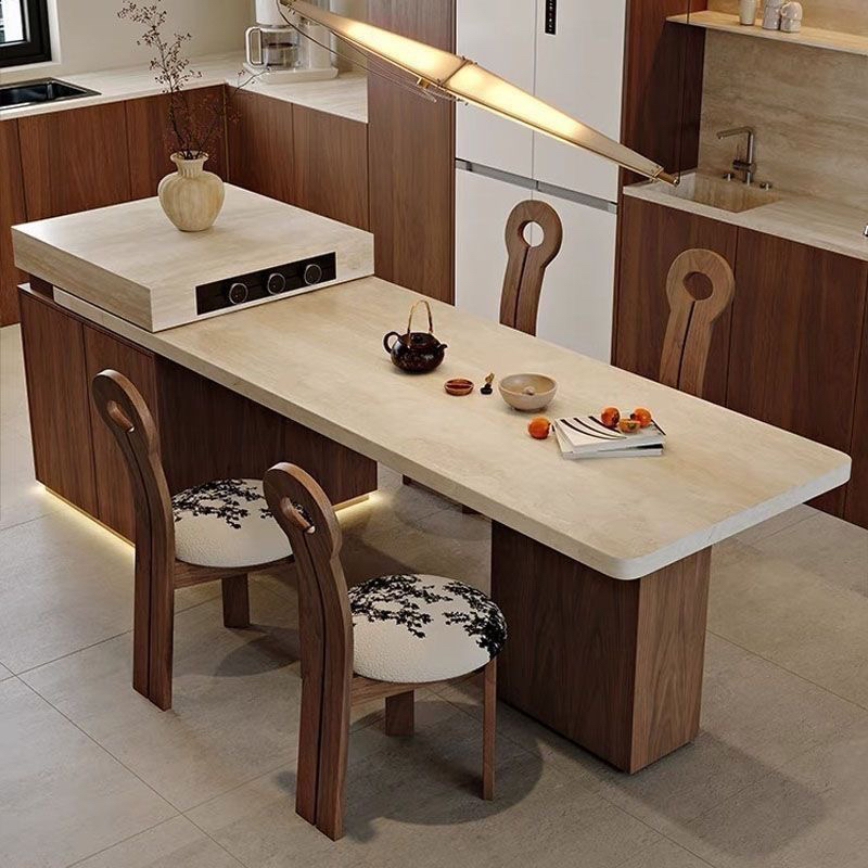 新款北美黑胡桃洞石岩板岛台餐桌一体家用可伸缩中古风桌饭多功能
