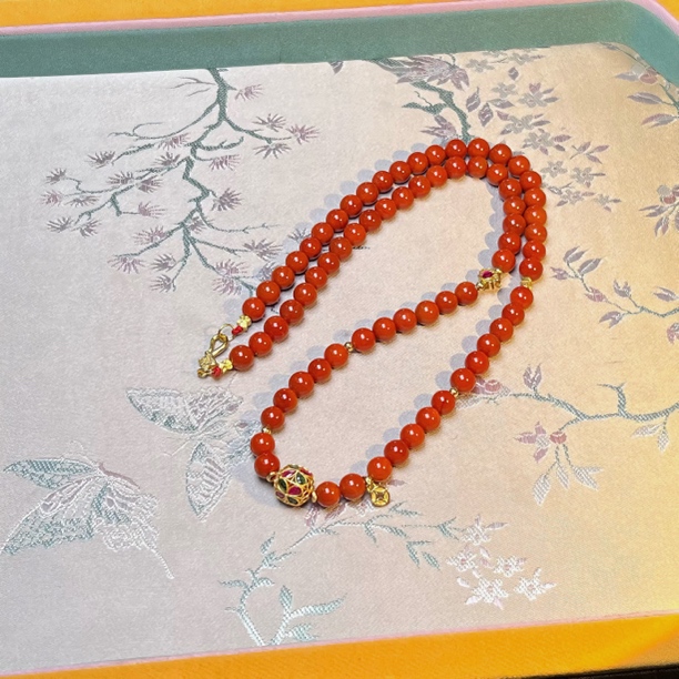 「田姐南红」保山满色满肉柿子红6mm锁骨链毕业级S925搭配T07692