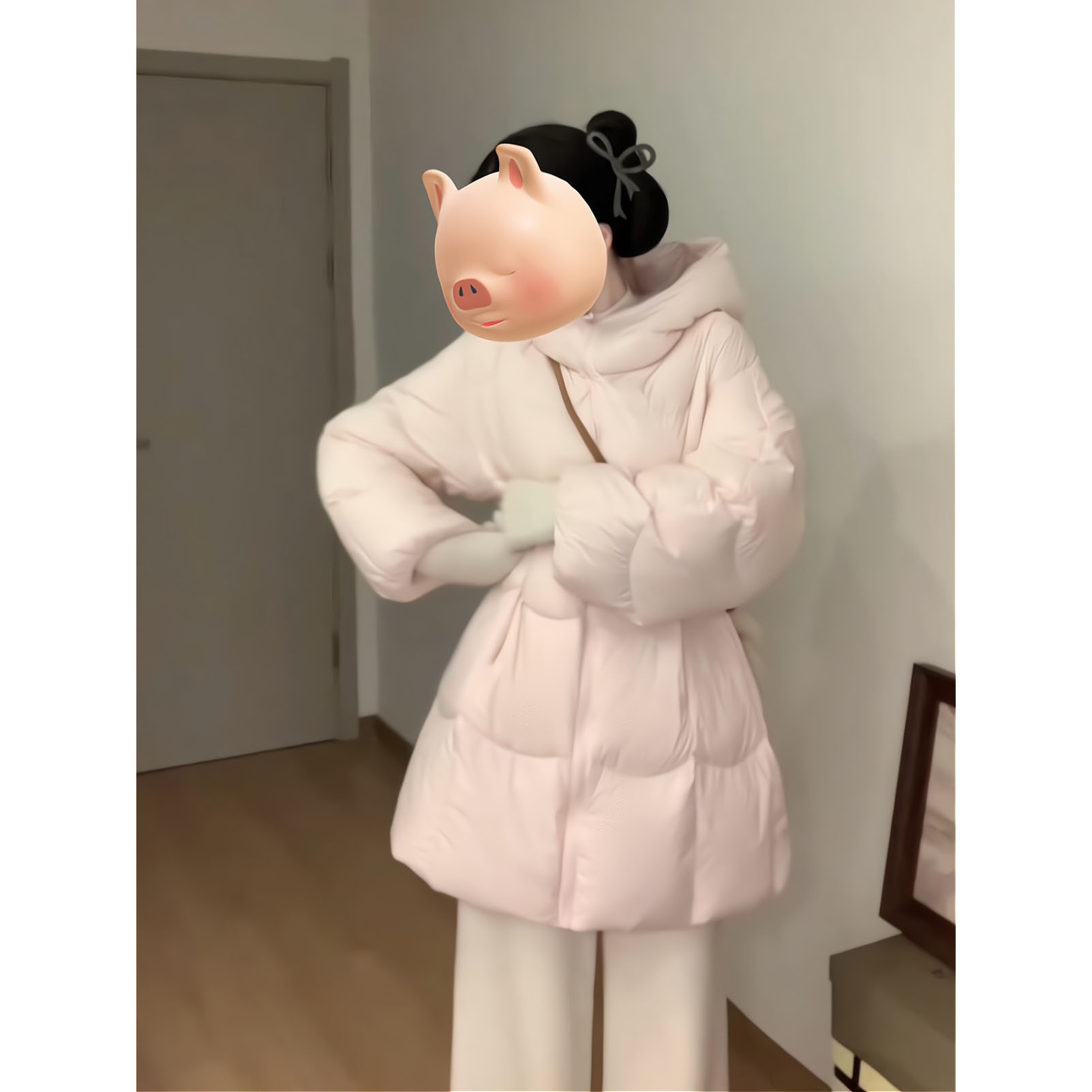 INS CEC韩系穿搭中长款连帽棉服女冬季新款宽松显瘦百搭棉衣外套