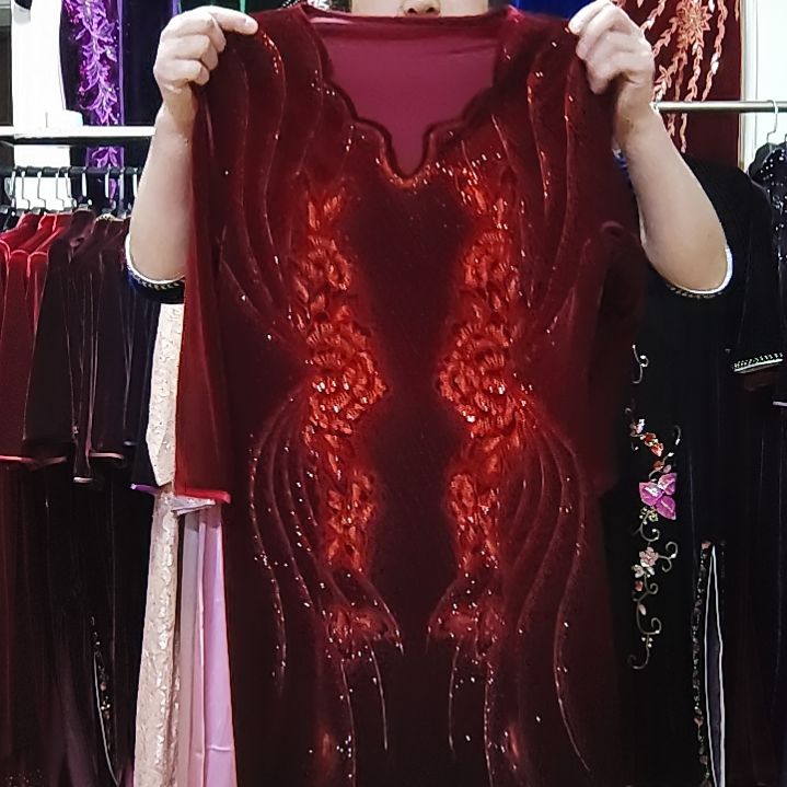 酒红色金丝绒v领重工两侧开叉直筒裙xl120斤4XL130斤6XL150斤