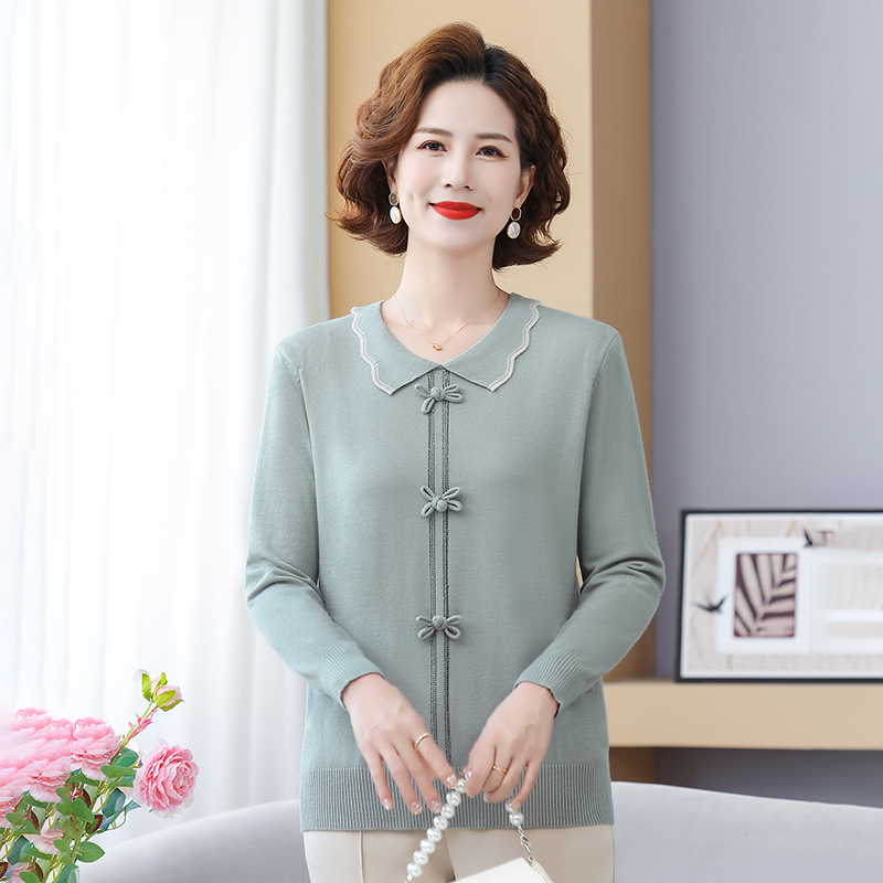 妈妈洋气针织衫新款春秋打底小衫长袖2025中老年时尚衣服翻领毛衣