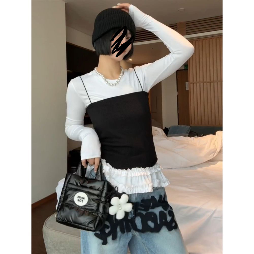 5001#大码新款假两件拼接白色甜妹衫